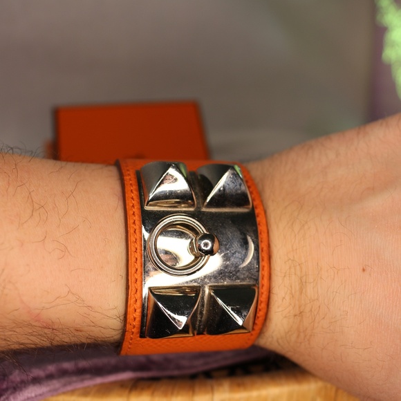 Hermès - S/PM CDC Collier De Chien in Silver/Orange Epsom Leather Cuff Full Set - Picture 15 of 16